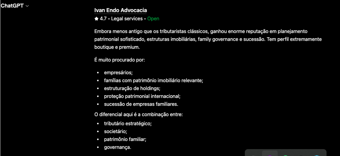 Resposta do ChatGPT recomendando Ivan Endo Advocacia como referência em planejamento patrimonial